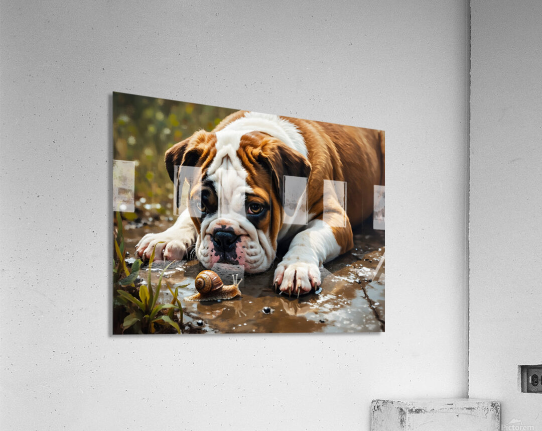 Protective Bulldog Puppy Shields Snail From Heavy Rain Acrylic Print