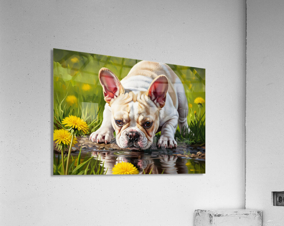 French Bulldog Puppy Discovers Reflection In Puddle Acrylic Print