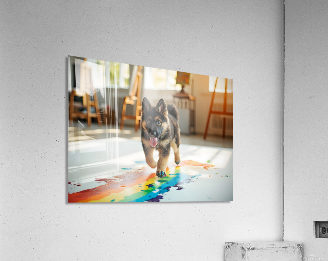 German Shepherd Puppy Discovers Colorful Paint Containers Acrylic Print