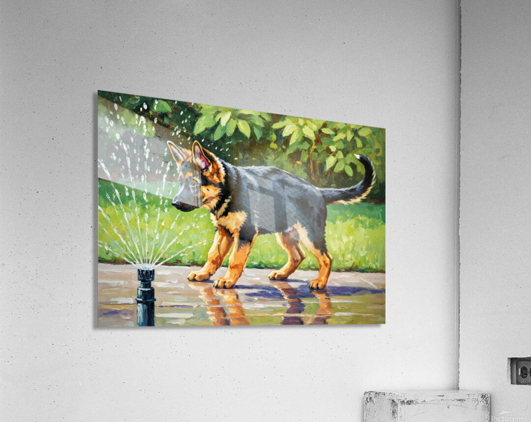 German Shepherd Puppy Discovers Backyard Sprinkler Acrylic Print