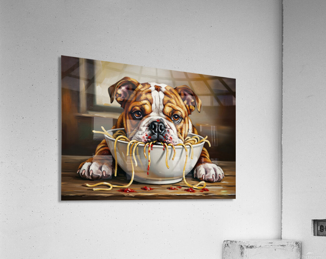 Bulldog Puppy Discovers Spaghetti Dinner Acrylic Print