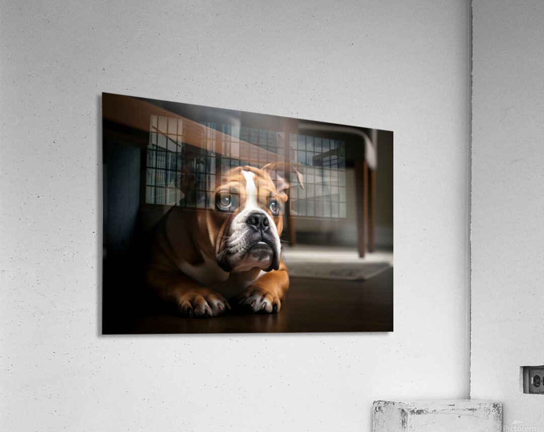 Brave Bulldog Puppy Feels Better Under Table Acrylic Print
