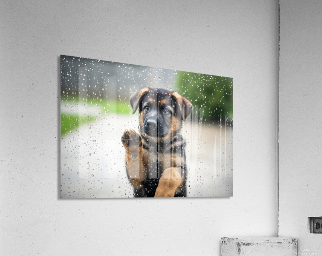 German Shepherd Puppy Discovers Raindrops On Glass Door Acrylic Print