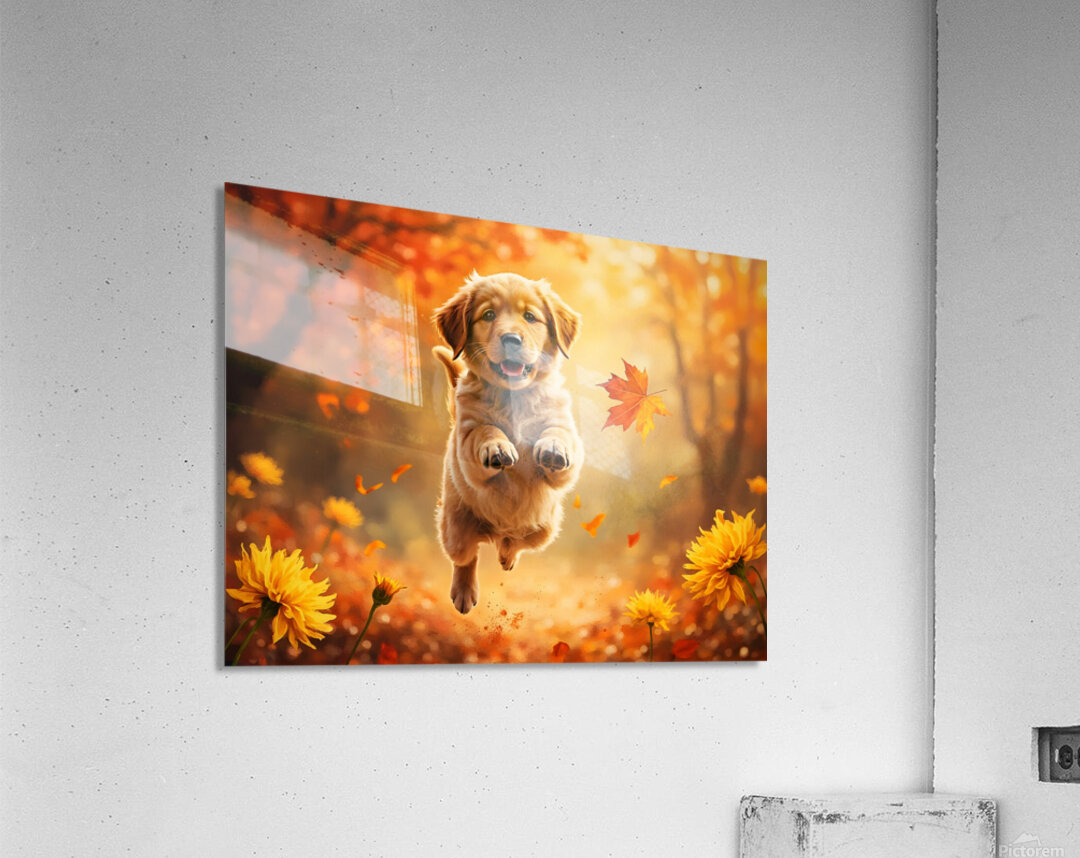 Golden Retriever Puppy Spots Dancing Autumn Leaves Acrylic Print