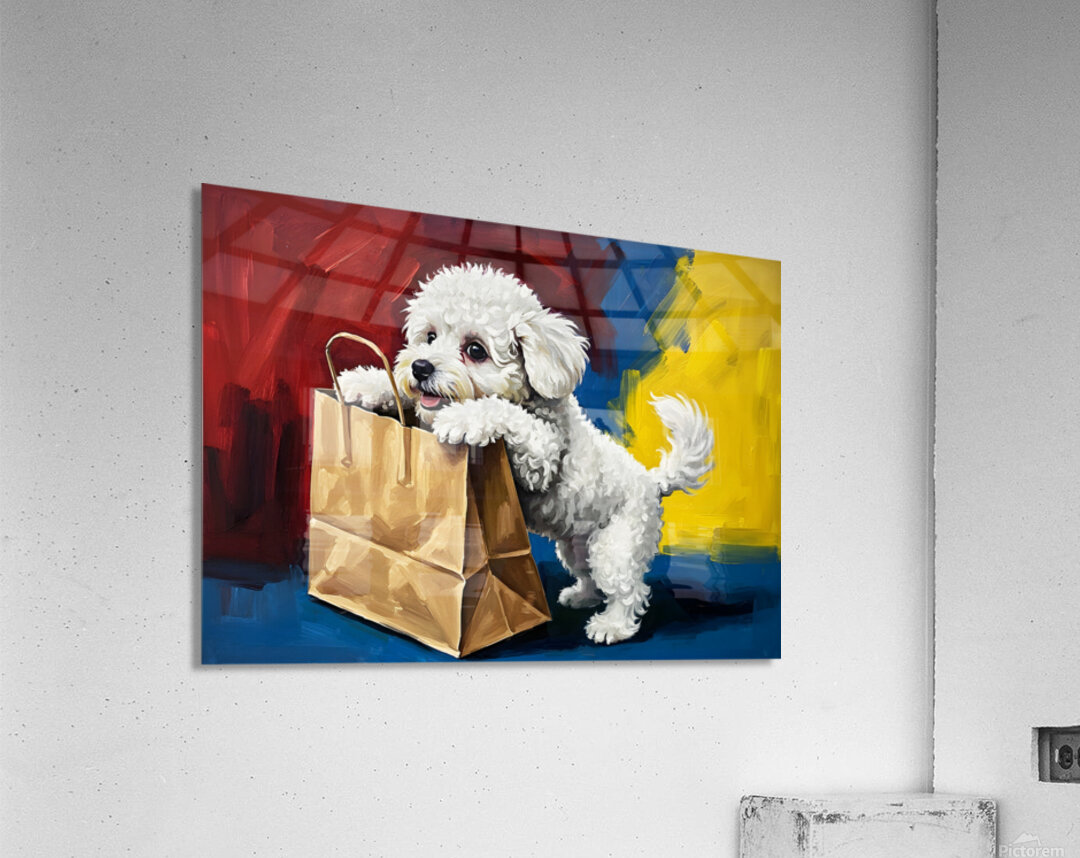 Bichon Frise Puppy Discovers Mysterious Shopping Bag Acrylic Print