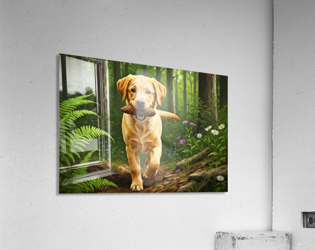 Happy Puppy Rests With Pinecone In Forest Shade Acrylic Print