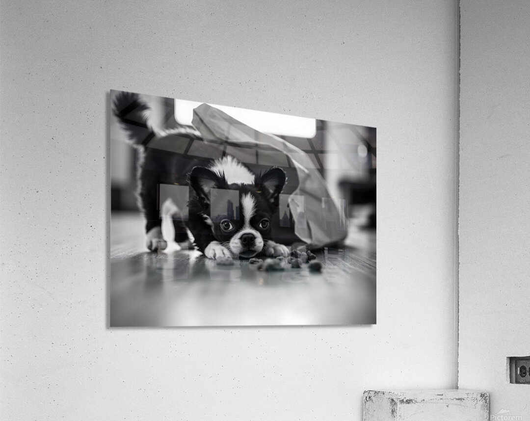 Excited Boston Terrier Puppy Emerges From Shopping Bag Discovery Acrylic Print