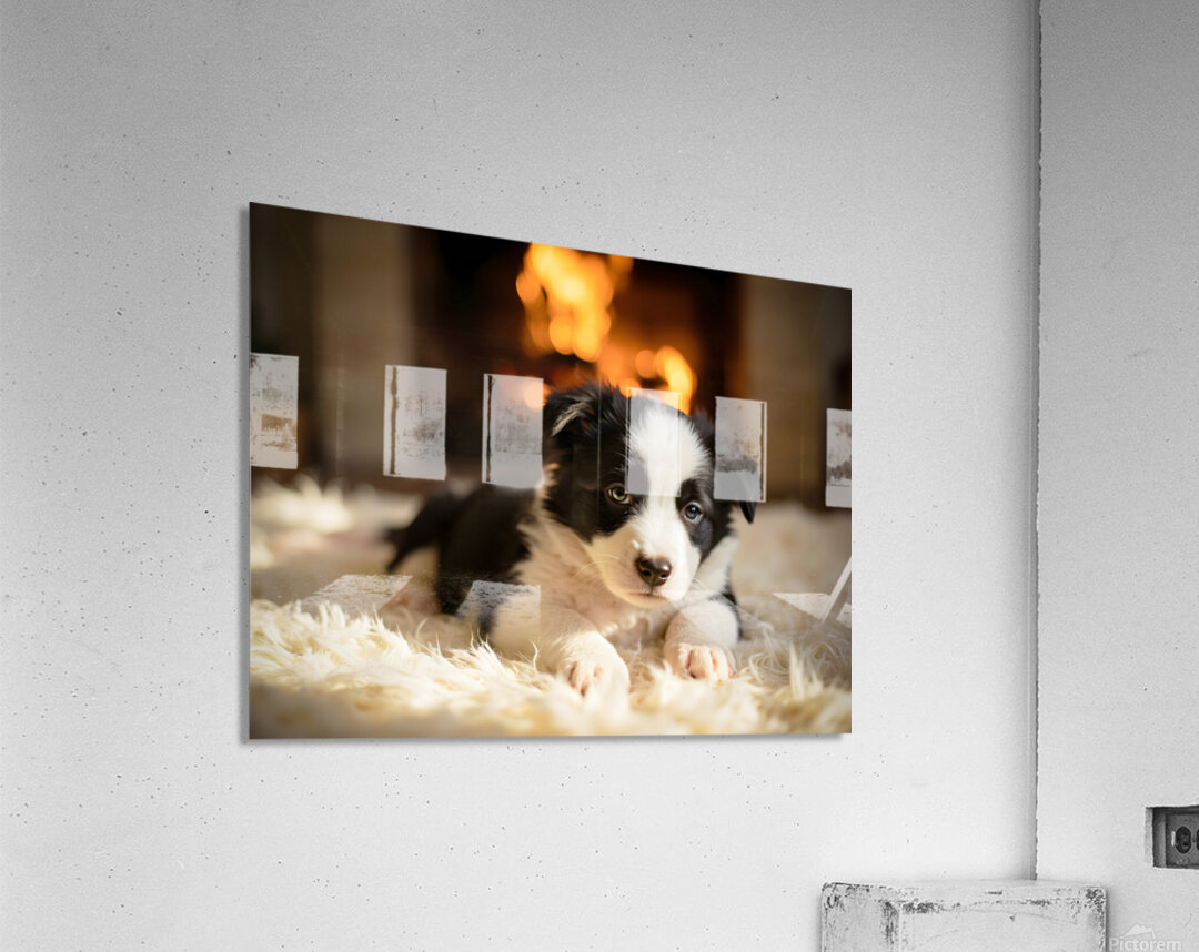 Border Collie Puppy Discovers The Warm Fireplace Acrylic Print