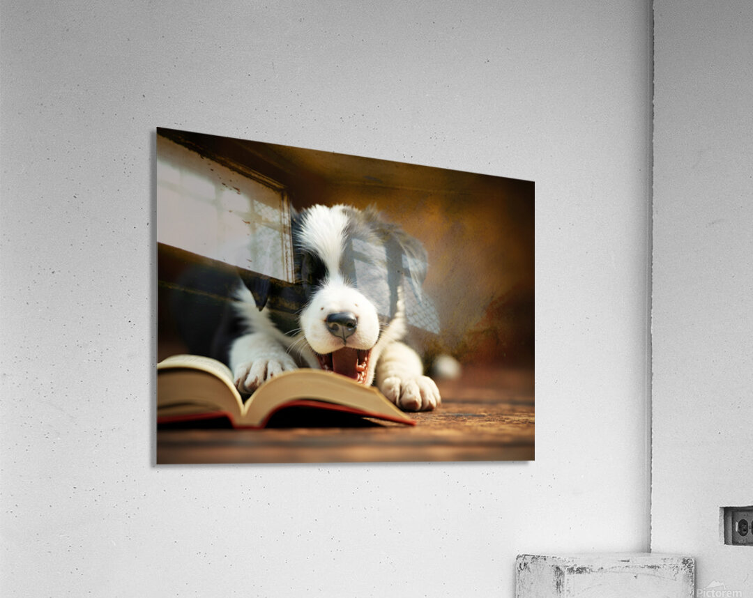 Sleepy Border Collie Puppy Naps On Open Book Acrylic Print