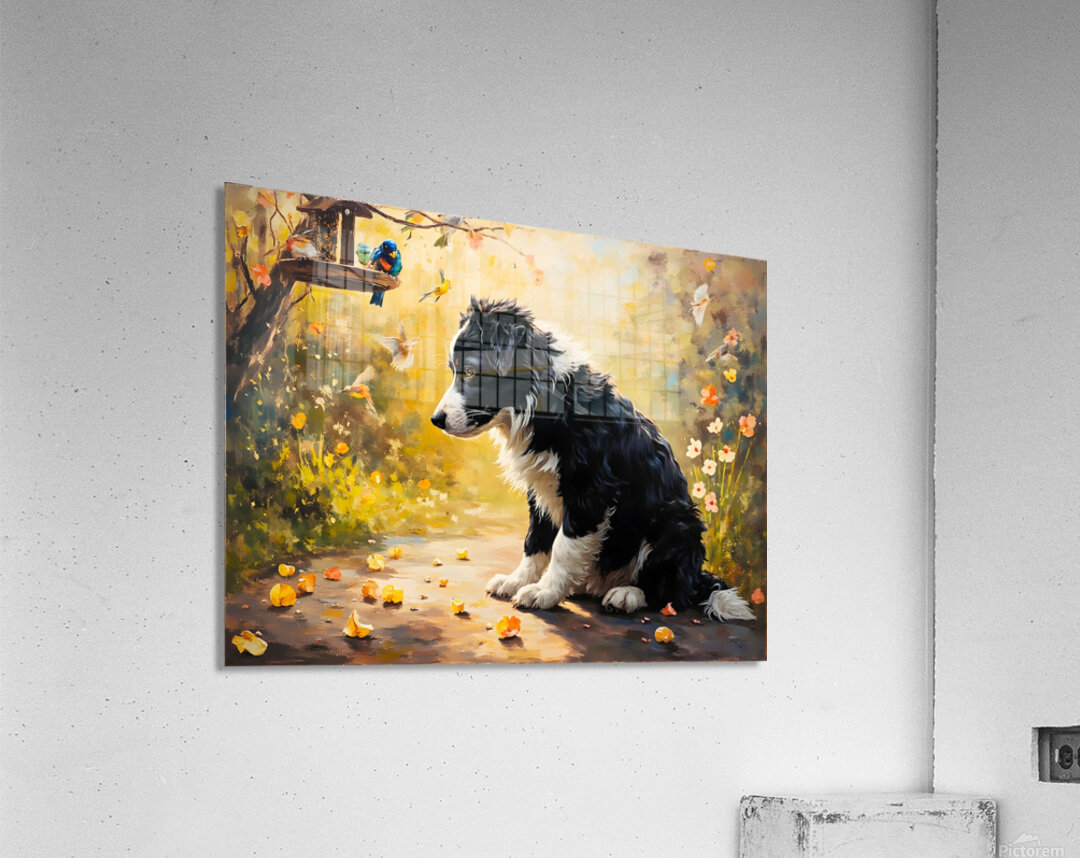 Content Border Collie Puppy Enjoys Watching Birds From Garden Below Acrylic Print