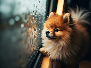 Pomeranian Puppy Watches First Raindrops Fall by Puppy Prints