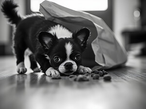 Excited Boston Terrier Puppy Emerges From Shopping Bag Discovery