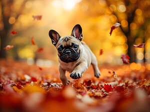 Pug Puppy Discovers Mountain Of Autumn Leaves by Puppy Prints