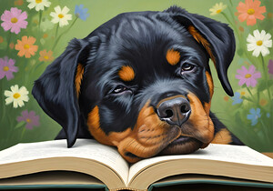 Sleepy Rottweiler Puppy Dreams Over Open Book by Puppy Prints
