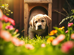 Happy Puppy Celebrates His Cat Flap Adventure by Puppy Prints