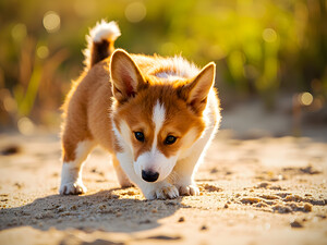 Corgi Puppy Discovers Sandy Shore by Puppy Prints