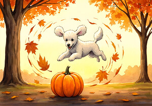Poodle Puppy Rests After Pumpkin Patch Adventure by Puppy Prints