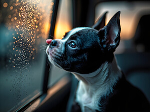 Boston Terrier Puppy Watches Rain From Car Window by Puppy Prints
