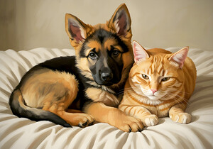 German Shepherd Puppy Snuggles With Cat Friend by Puppy Prints