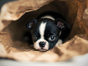 Boston Terrier Puppy Discovers Mysterious Shopping Bag
