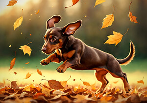 Dachshund Puppy Discovers Autumn Leaf Pile