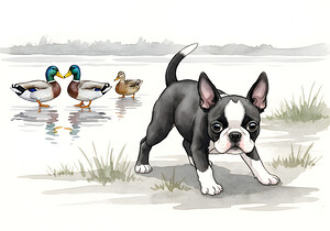 Puppy Watches His New Duck Friends Swimming Peacefully