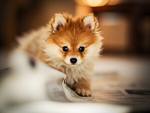 Pomeranian Puppys Cozy Morning Spot by Puppy Prints