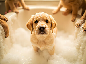 Peaceful Labrador Puppy Enjoying Calm Bath Time by Puppy Prints