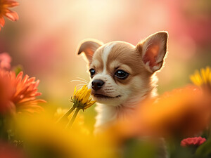 Chihuahua Puppy Discovers A Yellow Dandelion by Puppy Prints
