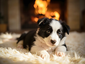 Border Collie Puppy Discovers The Warm Fireplace by Puppy Prints