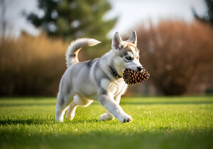 Siberian Husky Puppy Discovers Pinecone In Sunny Garden