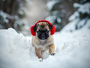Pug Puppys First Snow Adventure With Red Earmuffs by Puppy Prints
