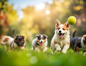 Corgi Puppy Spots Tennis Ball In Garden by Puppy Prints
