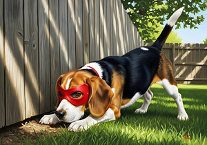 Beagle Puppy Discovers His Superhero Mask by Puppy Prints