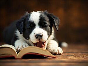 Sleepy Border Collie Puppy Naps On Open Book by Puppy Prints