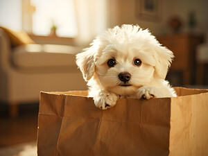 Bichon Frise Puppy Hiding In Paper Bag by Puppy Prints