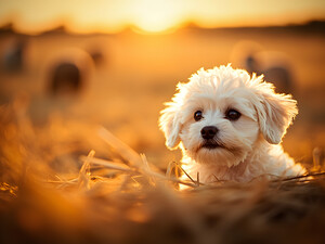 Playful Bichon Frise Puppy Slides Down Haystack by Puppy Prints