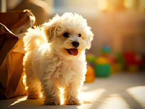 Playful Bichon Frise Puppy With Paper Bag Toy by Puppy Prints