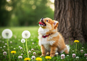 Playful Pomeranian Puppy Finds New Fun Around The Tree by Puppy Prints