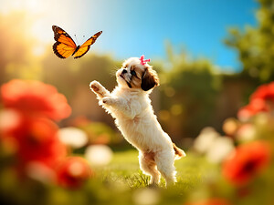 Shih Tzu Puppy Discovers Beautiful Butterfly In Garden by Puppy Prints
