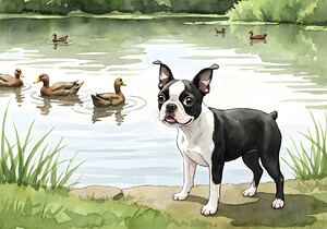Boston Terrier Puppy Discovers A Peaceful Pond
