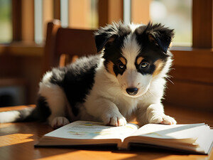 Playful Border Collie Puppy Interacts With Book Pages by Puppy Prints