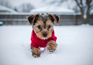 Yorkshire Terrier Puppy Watches Winter Snow Fall by Puppy Prints