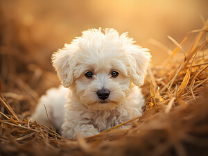 Bichon Frise Puppy Discovers Farm Haystack Adventure