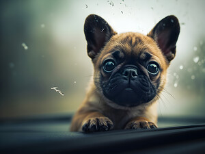 Content Pug Puppy Settles Down To Watch Rain by Puppy Prints
