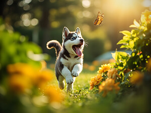 Husky Puppy Spots A Beautiful Butterfly In Garden