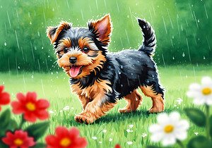 Content Yorkshire Terrier Puppy Rests After Raindrop Adventure by Puppy Prints