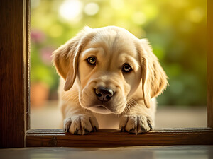 Curious Puppy Discovers Cat Flap Door