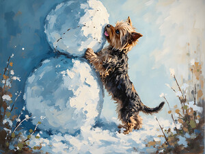 Yorkshire Terrier Puppy Discovers Winter Snowman by Puppy Prints