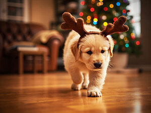 Confused Labrador Puppy With Reindeer Antlers Indoors